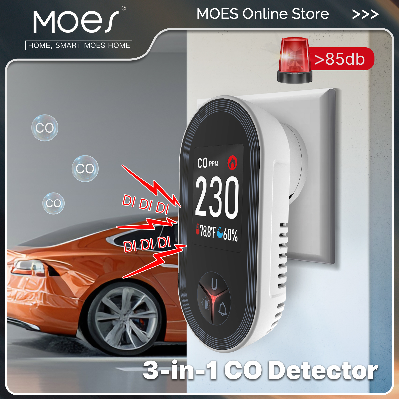 Co Detector Plug - MOES 3in1 Detektor Karbon Monoksida Tampilan
